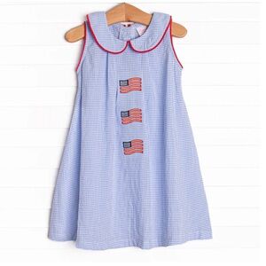Girls Blue Gingham Flag Appliqué Dress with Red Trim